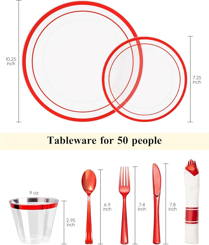 Goodluck 350 Pcs Red Disposable Plates, Clear Plastic Plates and Napkins | Red Dinnerware Sets Include 100 Plates, 50 Pack Pre Rolled Napkins with Silverware, 50 Cups for Christmas, Birthday Party