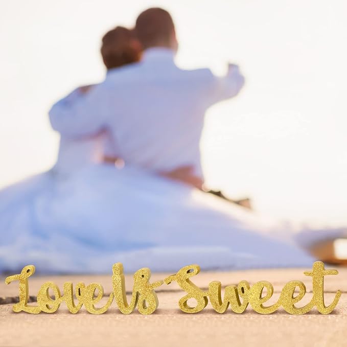 Love Is Sweet Table Decor Hollow Sign Wooden Love Is Sweet Sign for Dessert Table Freestanding Wood Is Wooden Letter Top for Wedding Shelf(Glitter Gold)