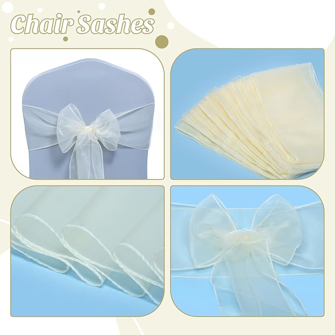 MDS® Pack of 125 Organza Chair Sashes for Wedding Decoration, Reusable Sheer Chair Bows for Banquet Chair Cover, Reception, Bridal Shower, Baby Shower, Birthday Party & Special Events - Ivory