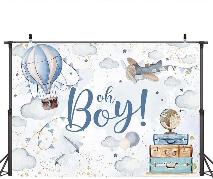 Lofaris 7x5ft Oh Boy Baby Shower Backdrop for Kids Boy Party Decoration Cloud Hot Balloon Adventure Begins Travel Around The World Airplane Up Up and Away Photography Background Banner Photo Booth