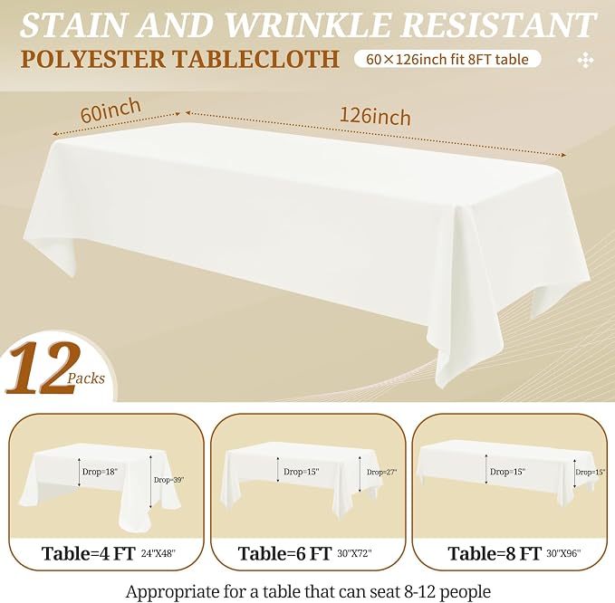 12 Pack Ivory Tablecloths for Rectangle Tables 60 x 126 Inch Ivory Polyester Tablecloth 8 Foot Rectangle Table Cloth Washable Fabric Table Cover for Party Wedding Banquet Restaurant Events