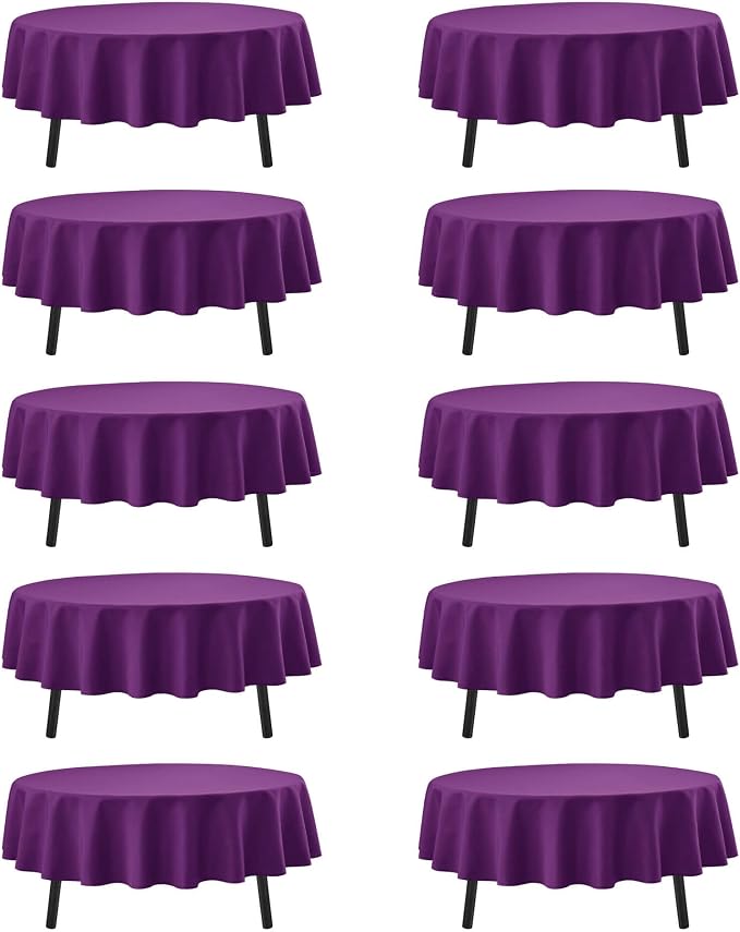 10-Pack Purple Round Tablecloths, 84 Inches, Stain-Resistant Polyester for 3-5 Ft Round Tables - Washable Table Covers for Weddings, Banquets, Birthday Parties, Events