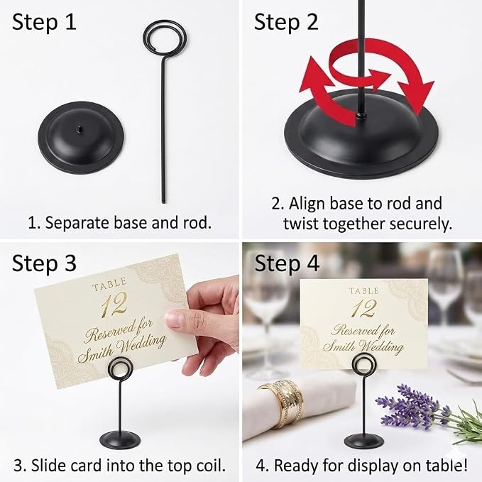 HOHIYA 12 Pack Black Table Number Holders 12" Wedding Place Card Stands | Stable metal stands display table numbers, menus, photos and reserved signs for weddings, restaurants and special events.