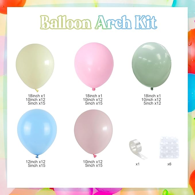 Patel Balloon Garland Arch Kit, 138 PCS Macaron Pink Yellow Green Blue Pastel Rainbow Colorful Balloon for Easter Spring Baby Shower Wedding Birthday Party Decorations