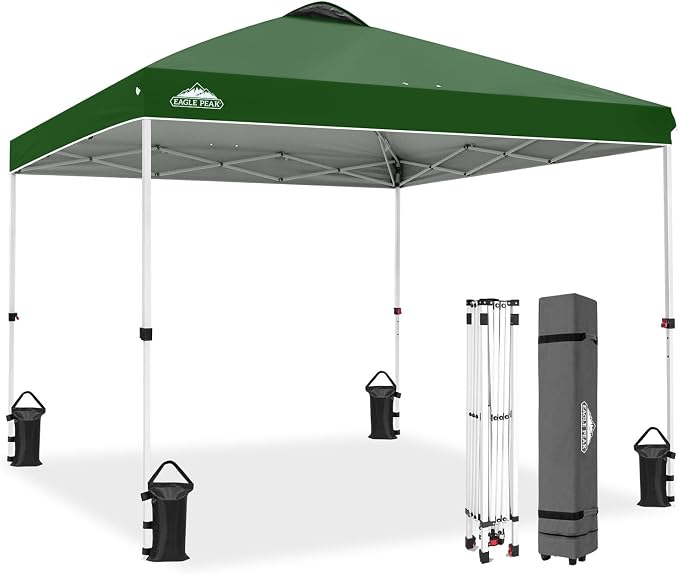 EAGLE PEAK Pop Up Canopy Tent with Wheeled Carry Bag, 8 Stakes, 4 Ropes, 4 Weight Bags, Easy Set Up Tent Canopy, 10x10 ft, 100sqft of Shade, Green