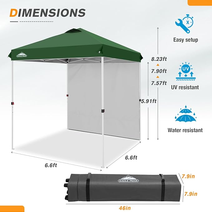 EAGLE PEAK Commercial Canopy 6.6x6.6 Pop Up Canopy Tent with 1 Sidewall, Easy Setup Heavy Duty Instant Event Shelter for Vendors & Markets, Outdoor Sun Shade, Green