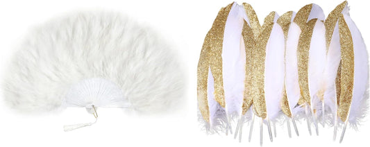 BABEYOND Marabou Feather Fan 20s Vintage Folding Fan Flapper Hand Fan for Costume Dancing Show Tea Party 42 Pcs 1920s Gatsby Gold Dipped Feather Natural Décor Glitter Feather for 20s Party