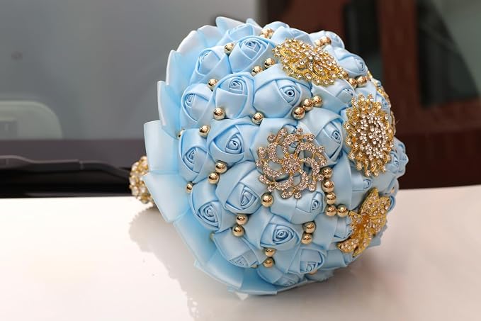 Light Blue Gold Brooch Wedding Bridal Bouquet for Bride Bridesmaid Quinceanera with Bling Rhinestone Pearl Satin Rose Flower Bouquet Wedding Light Blue 8.3in