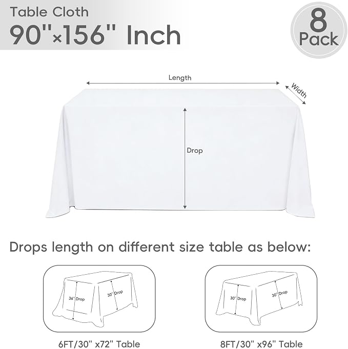 8 Pack White Tablecloth 90 x 156 Inch Rectangular Table Cloth for 8 Foot Rectangle Tables, Wrinkle Resistant Washable Polyester Fabric Table Covers for Wedding Party Banquet Buffet and Camping