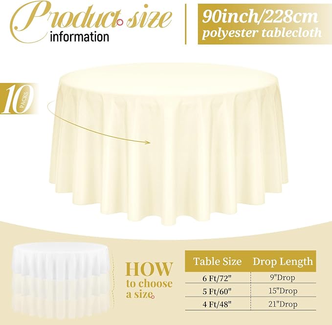 Pesonlook 10 Pack 90 Inch Beige Round Table Cloths, Premium Polyester Round Tablecloth Wrinkle Resistant Washable Table Cover for Wedding, Party, Dining,Banquet,Buffet Table