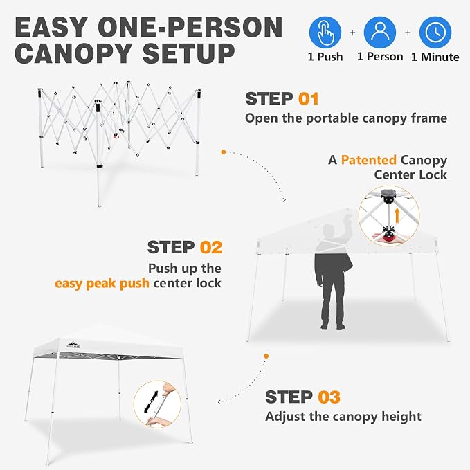 EAGLE PEAK 10x10 Slant Leg Pop-up Canopy Tent Easy One Person Setup Instant Outdoor Beach Canopy Folding Portable Sports Shelter 10x10 Base 8x8 Top (White)