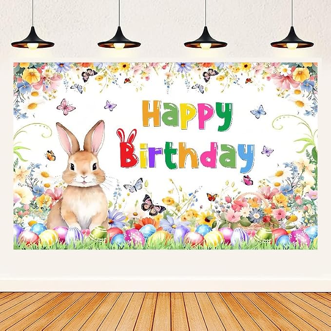 Easter Rabbits Themed Happy Birthday Party Decorations, Plates Napkins Cups Tableware, Bunny Egg Background Tablecloth, Happy Birthday Banner, Cake Toppers, Colorful Balloons for Kids and Adults