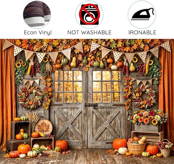 5 x 3 ft Fall Backdrop Barn Door Maple Leaves Pumpkin Design - Autumn Thanksgiving Harvest Friendsgiving & Birthday Party Decorations