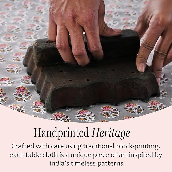 CPC Tablecloth 100% Cotton 80x120 Inch Indian Block Print Rectangle Table Cover, Blue Table Cloth for Weddings, Spring/Summer, Barbeque - Labra Grey