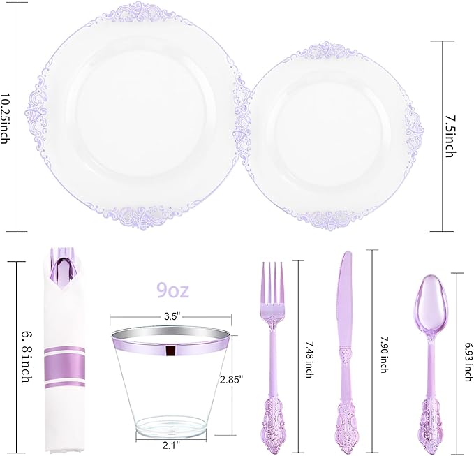 Hioasis 175pcs Clear and Purple Plates - Purple Party Plates for 25 Guest, Include 50 Heavy-duty Plates(20% Thicker Than Standard), 25 Pre Rolled Gold Plastic Silverware Set, 25 Cups