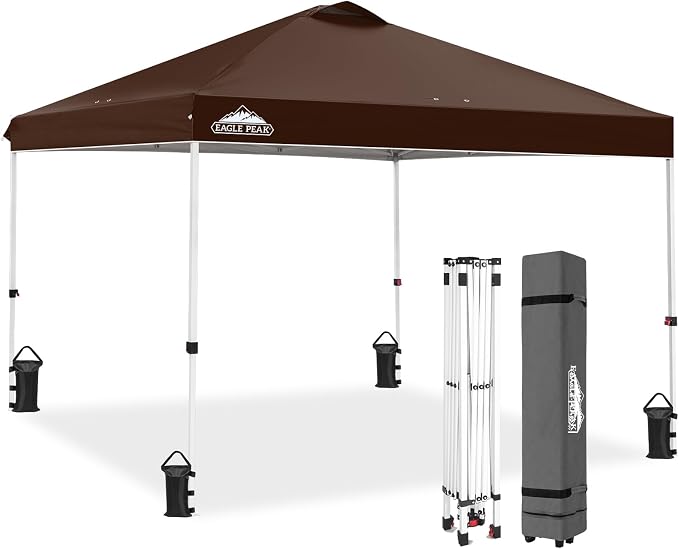 EAGLE PEAK Pop Up Canopy Tent with Wheeled Carry Bag, 8 Stakes, 4 Ropes, 4 Weight Bags, Easy Set Up Tent Canopy, 10x10 ft, 100sqft of Shade, Brown