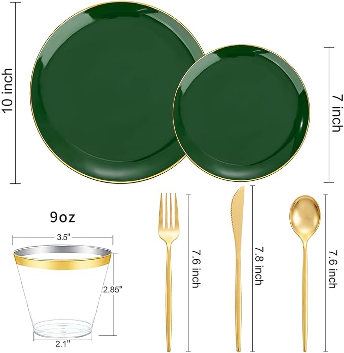 bUCLA 150PCS Green Plastic Plates - Green and Gold Disposable Include 25 Each (Dinner & Dessert) Plates, 25 Knives, 25 Forks, 25 Spoons and 25 Cups, Ideal for Party&Christmas