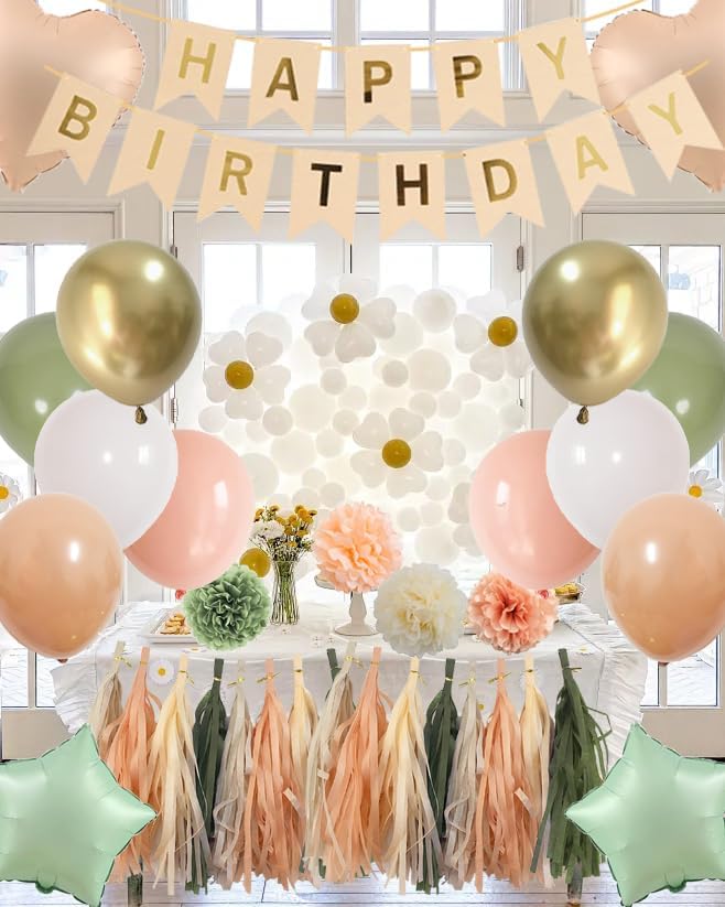 Sage Green and Peach Birthday Decorations -Pastel Orange Happy birthday Party Balloons for Women and Girls with Gold Banner Tassel Garland Tissue Pompoms (Sage Green + Peach)