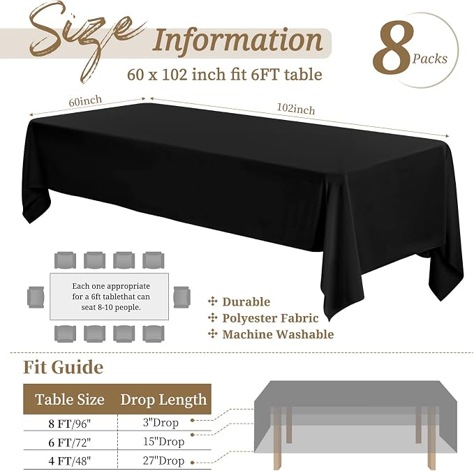 Showgeous 8 Pack Black Rectangle Tablecloth, 60 x 102 Inch, Wrinkle Resistant, Washable Polyester, Perfect for 6ft Table, Weddings, Parties, Camping