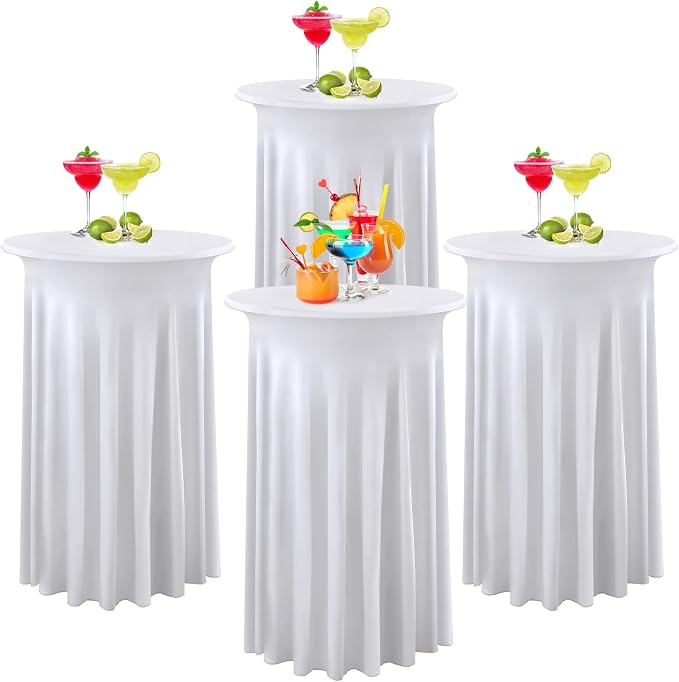 4 Pack White Round High Top Table Cloth 36x43 Inch, Wrinkle Free Stretch Spandex Tablecloths with Skirt, for Party Banquet Birthday Bar