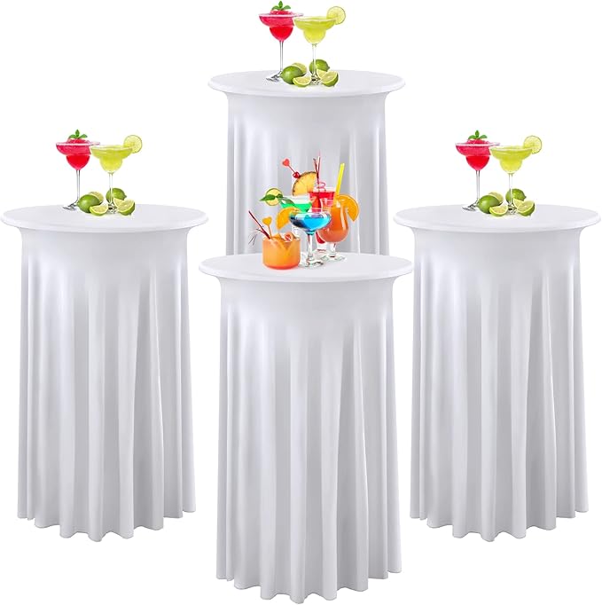 4 Pack White High Top Table Cloths, Wrinkle Free Stretch Table Cover with Skirt, Fitted 32 inch Round Spandex Tablecloths for Party Wedding Banquet Birthday
