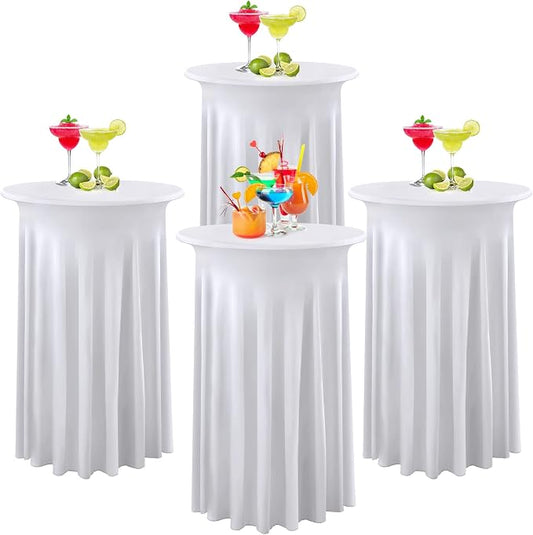 4 Packs White Round High Top Table Cloth 24inch×43inch Stretchy Wrinkle Free Highboy Cocktail Spandex Table Covers for Cocktail Party Wedding Banquet Baby Shower Baptism Decor