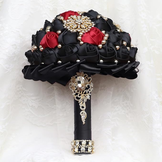 Bridal Wedding Bouquet Luxury Gold Rhinestone Brooch Bouquet for Bride Bridesmaid Quinceanera Satin Rose Artificial Flower Bouquet Wedding Black and Burgundy 9.5in