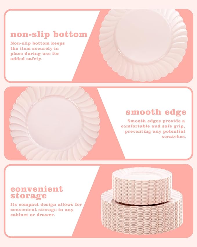 YOUBET 100PCS Pink Scalloped Plastic Plates - Heavy Duty Pink Disposable Fancy Hard Plates Include 50 Dinner Plate, 50 Dessert Plate, for Wedding & Party