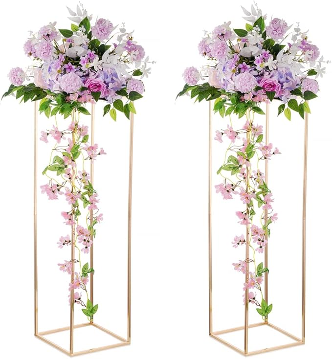 Gold Tall Stand for Wedding: 39.4in, With Metal Panel, Packs of 2 | Columnar Cube Shape, Easy to Assembly, Flowers Cakes Drinks Display Table Centerpieces for Wedding Party Event