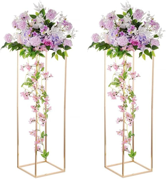 Gold Tall Stand for Wedding: 39.4in, With Metal Panel, Packs of 2 | Columnar Cube Shape, Easy to Assembly, Flowers Cakes Drinks Display Table Centerpieces for Wedding Party Event