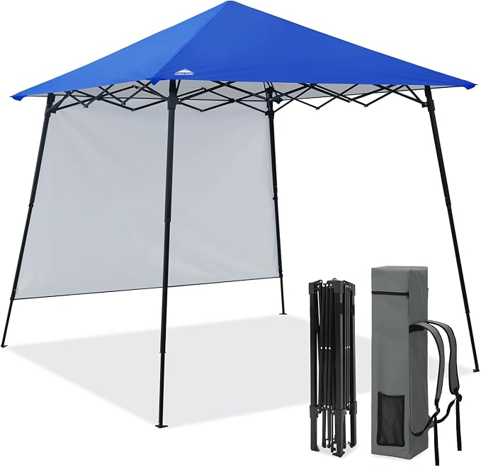 EAGLE PEAK 8x8 Pop Up Canopy Tent with Extended Eaves & Sidewall, Compact, Portable, Easy Setup Slant Leg Instant Shelter for Beach, Sports, & Camping, 8x8 Base 7x7 Top, Blue