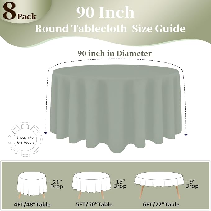 8 Pack Sage Green Round Tablecloth 90 Inch Round Table Cloth, Wrinkle Resistant and Washable Tablecloth Polyester Fabric Table Cloth Round Cover for Dining Wedding Banquet Party