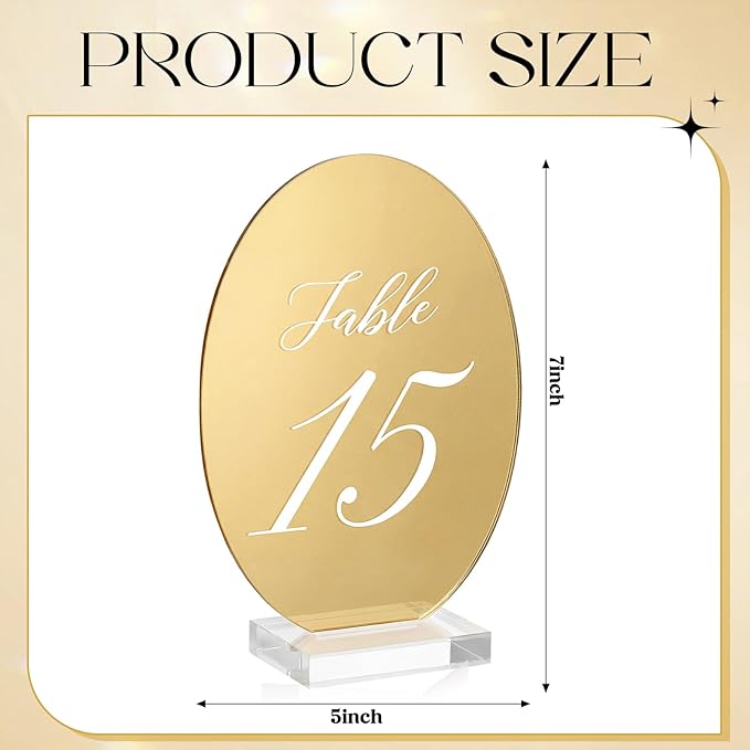 Novabright Oval Wedding Table Number Plates 1-15 with Transparent Stand - 5x7 Inch Acrylic Mirror Gold Table Number Signs Holders, Suitable for Wedding Receptions, Parties, Anniversaries and Events