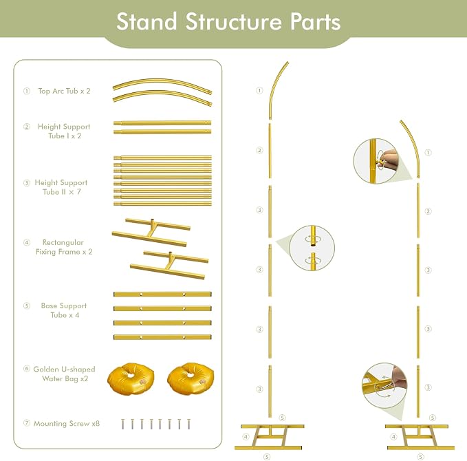 EMART Balloon Arch Stand with 2 Golden U-shaped Water Bag & 4 Reusable Ground Stakes,7.5FT & 6.2FT Set of 2 Gold Half Wedding Arch Stand for Wedding,Party, Baby Shower, Graduation Ceremony, Exhibition