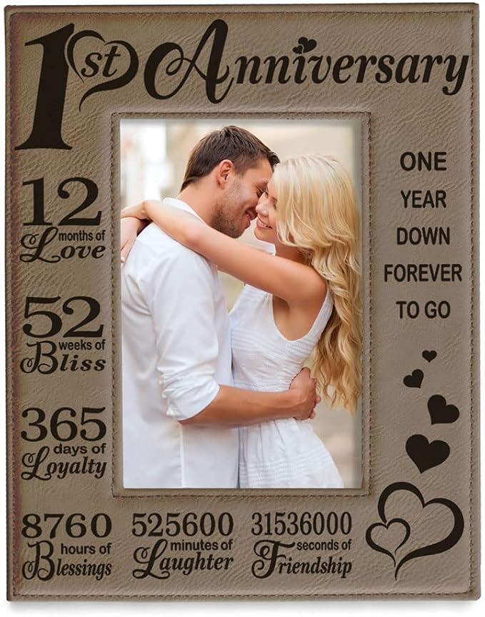 KATE POSH - Our First Anniversary Engraved Leather Picture Frame - Couple Gifts, Him & Her, Paper & First Wedding Anniversary Photo Gifts (5x7-Vertical)