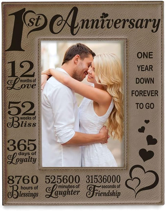 KATE POSH - Our First Anniversary Engraved Leather Picture Frame - Couple Gifts, Him & Her, Paper & First Wedding Anniversary Photo Gifts (5x7-Vertical)