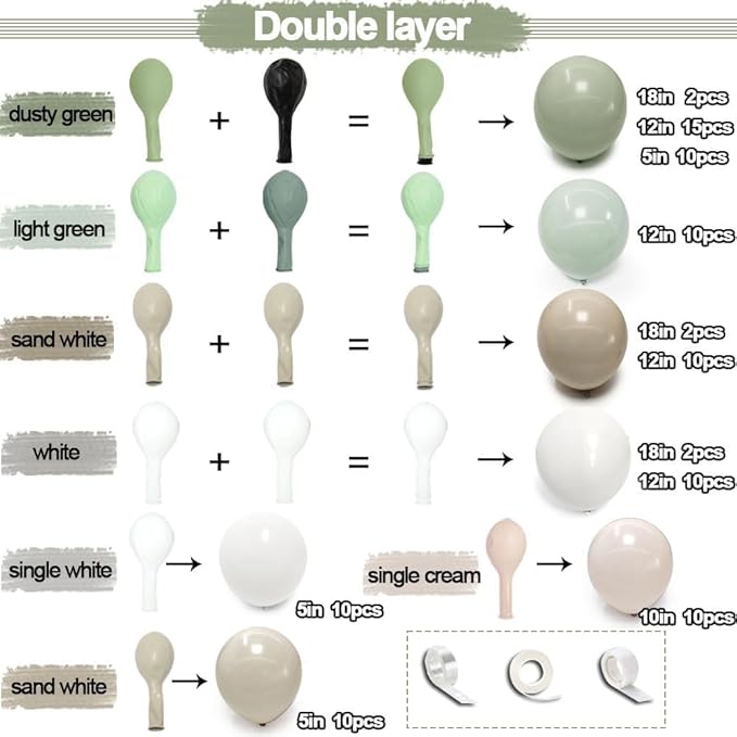 Sage Green White Balloon Garland Double Stuffed Dusty Green Cream Sand White Beige Latex Neutral Balloons Arch Kit for Boho Baptism Baby Shower Birthday Wedding Decoration