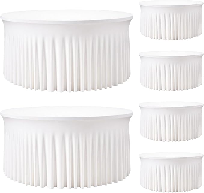 6 Pack 60 Inch White Round Tablecloth with Elastic Edge and Skirt – Washable Wrinkle-Free Fitted Table Cover for 5FT Round Tables, Wedding, Party, Birthday, Buffet, Restaurant, Dining Table