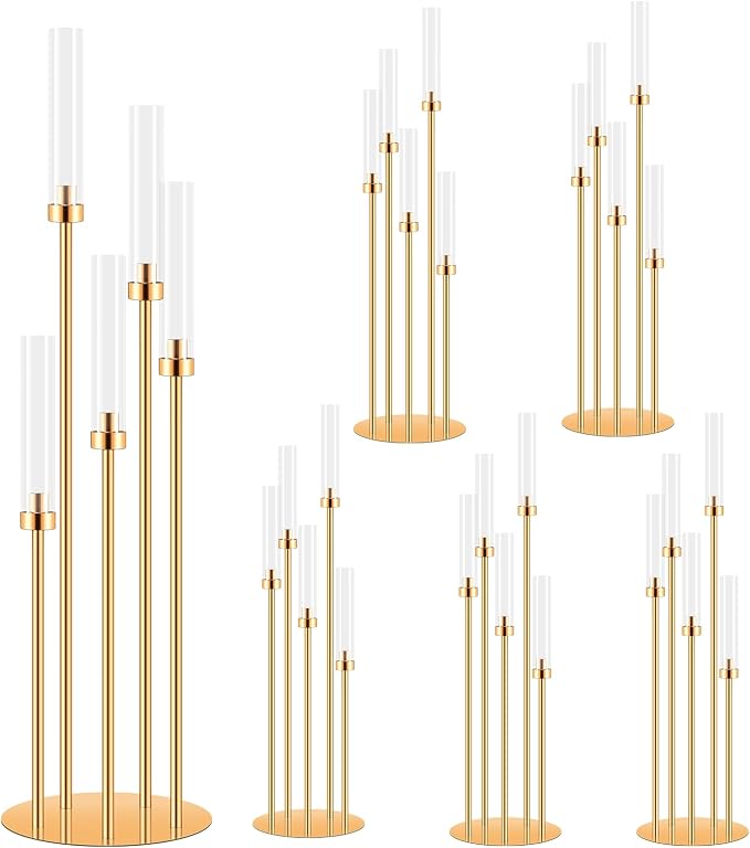 6 Sets Candelabra Centerpieces for Tables,42'' Tall 5 Arms Candlesticks Holder with Lampshade,Wedding Centerpieces,Gold Candle Holders for Wedding,Home Decoration Housewarming Gift,Fit LED Candles