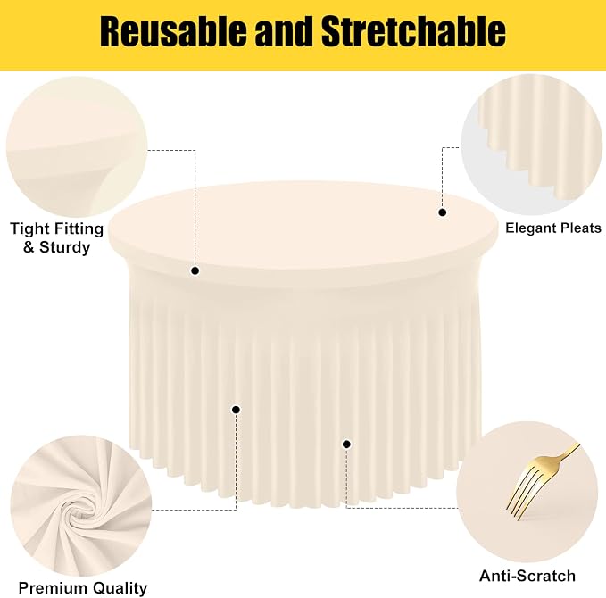 Smiry Round Spandex Tablecloth 2 Pack, Elastic Fitted Washable Tablecloths for 72 Round Tables, Waterpoof Stretch Table Cover Skirt for Outdoor, Wedding, Banquet & Parties, Beige