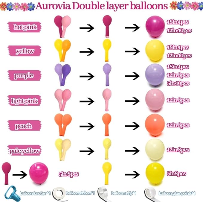 Hot Pink Purple Balloon Arch Double Stuffed Balloons with Artificial Flowers Eucalyptus Leaves Pastel Yellow Peach Magenta Latex Garland for Wildflower Birthday Baby Shower Wedding Floral Party Decor