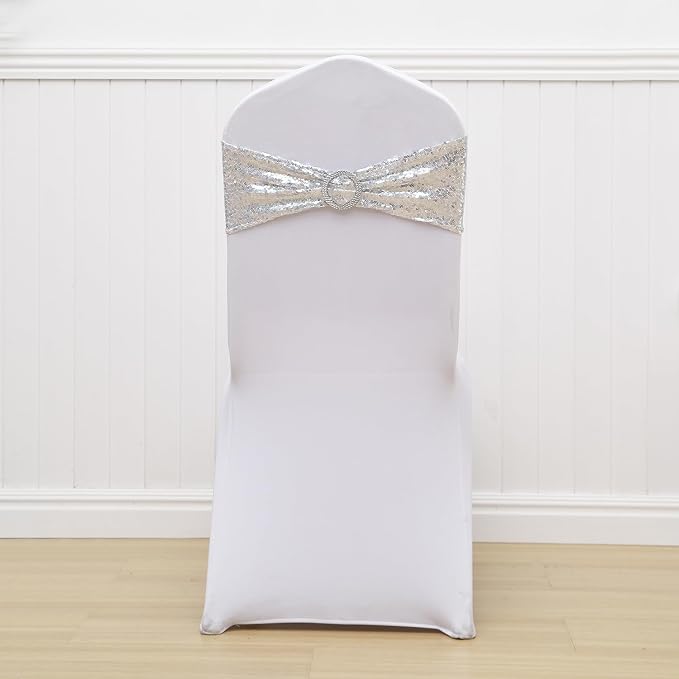 50 Pack Sequin Silver Chair Sashes for Wedding Decor, Glitter Chair Sash Bands with Buckles, Sequins Chairs Bows for Party Anniversary Engagement Ceremony Event Christmas Decorations