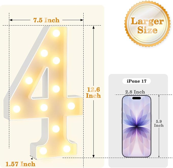 12.6 Inch LED Marquee Light Up Numbers with Happy Birthday Music, Remote Birthday Number Lights as Gifts for Girls Women Men, Lighted Marquee Numbers for Table Party Decorations, Number 4