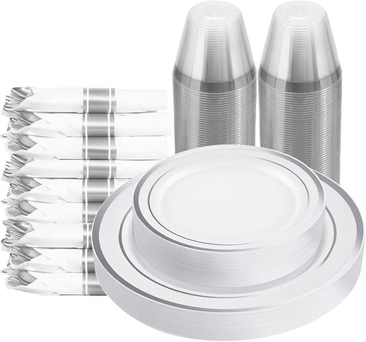 175 PCS White and Silver Plastic Dinnerware Set for 25 Guests, 50 Disposable Plates for Party, 25 Pre Rolled Napkins with Silver Silverware, 25 Cups