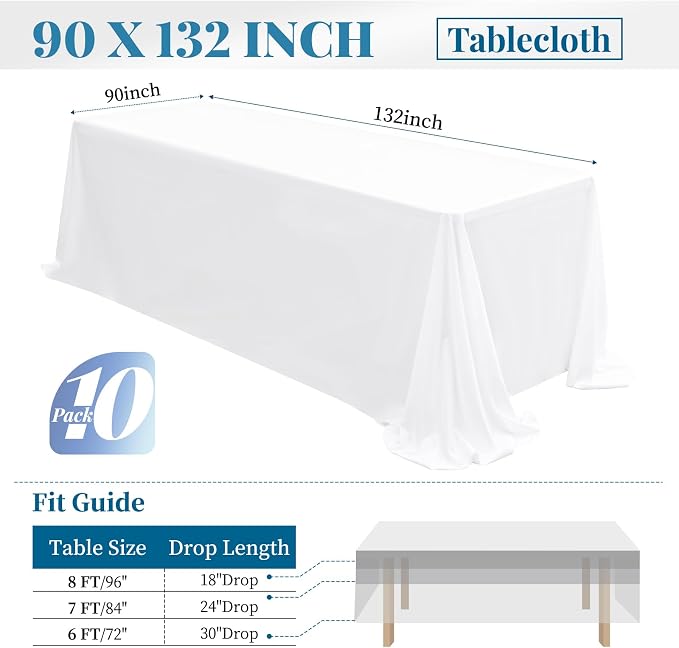 fani 10 Packs 90 x 132 Inch Tablecloth, White Polyester Table Cloth for 8ft Rectangle Tables, Stain and Wrinkle Resistant Washable Fabric Table Cover for Wedding Banquets Parties Buffet Dining Table