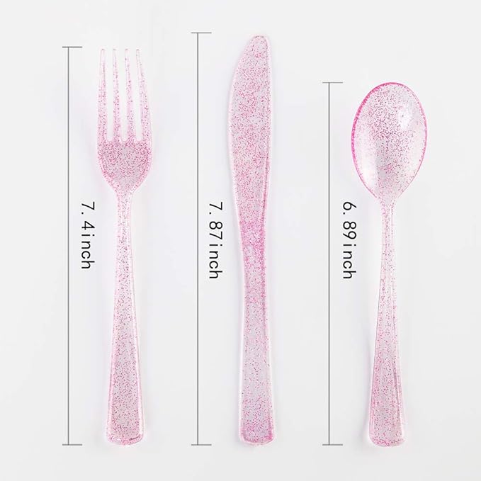WDF Rose Gold Pink Plastic Plates with Pink Plastic Silverware include 40 Dinner & Salad Plates, 40Forks, 40 Knives, 40 Spoons for Party Baby Shower Wedding Spring Mother's Day