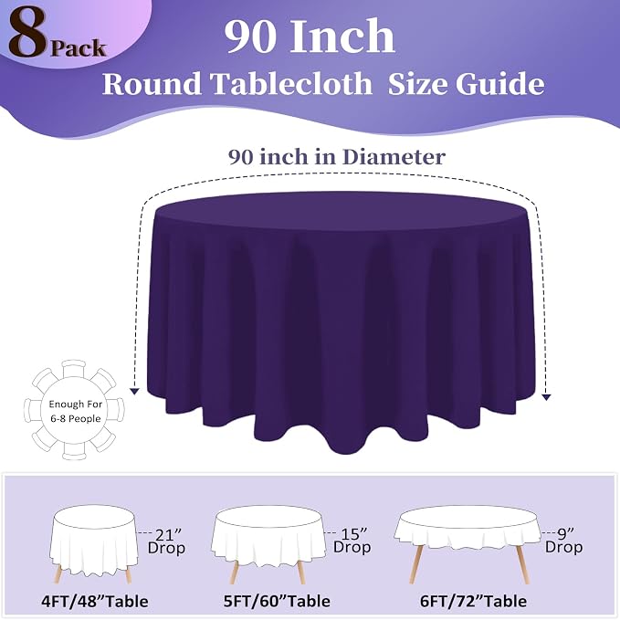 8 Pack Purple Round Tablecloth 90 Inch Round Table Cloth, Wrinkle Resistant and Washable Tablecloth Polyester Fabric Table Cloth Round Cover for Dining Wedding Banquet Party
