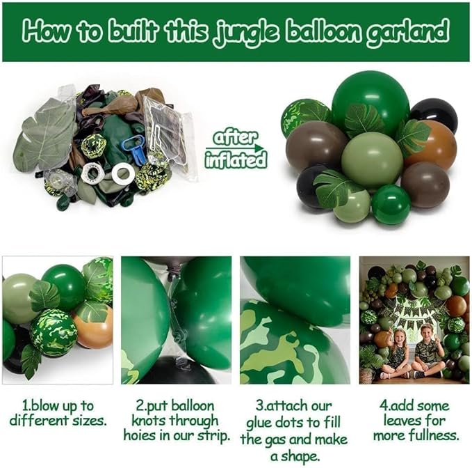 Camo Balloon Arch Garland Kit Double Stuffed Dark Green Brown Black Balloon Latex Sage Olive Green Black Balloons for Dinosaur Birthday Woodland Jungle Hunting Theme Camo Baby Shower Party Decor