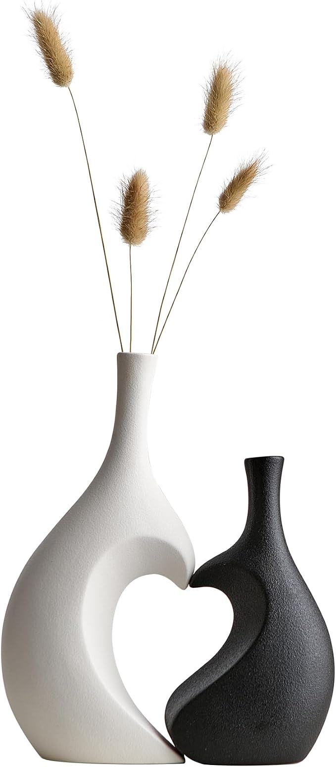 Unique Heart Shaped Vase: Set of 2 Black and White Heart Shaped Vase for Home Decor Minimalist Modern Decorative Vases for Living Room Dining Room Table Coffee Table Centerpiece Shelf Decoration