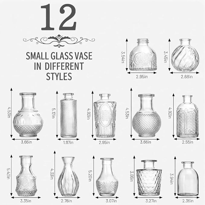 Mini Bud Vases Centerpieces for Tables,Clear Bud Vases for Flowers,Small Flower Vases Suitable for Birthday Party,Anniversary,Wedding Reception,Baby Shower (Clear, 12PCS)